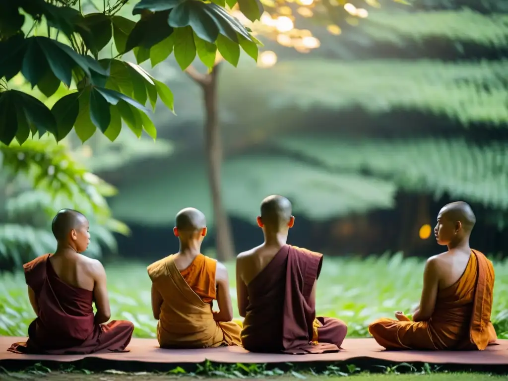 Un grupo de monjes budistas medita en la naturaleza al atardecer, transmitiendo serenidad y paz interior