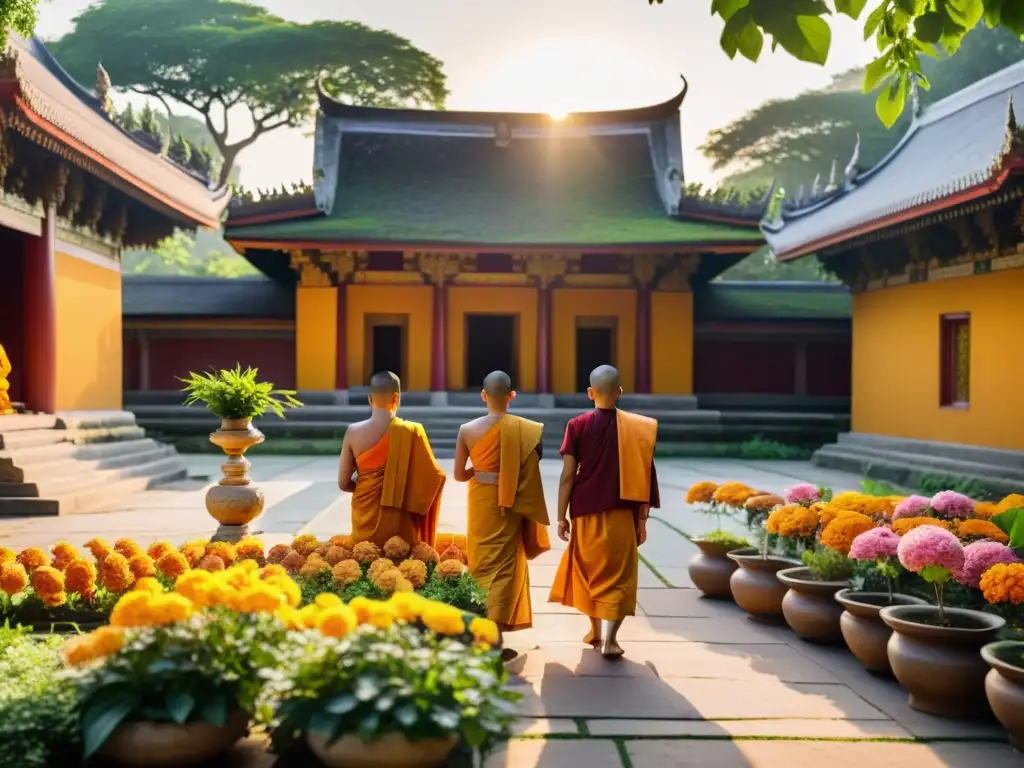 Un grupo de monjes budistas en túnicas azafrán rezando en un tranquilo templo rodeado de exuberante vegetación y flores vibrantes