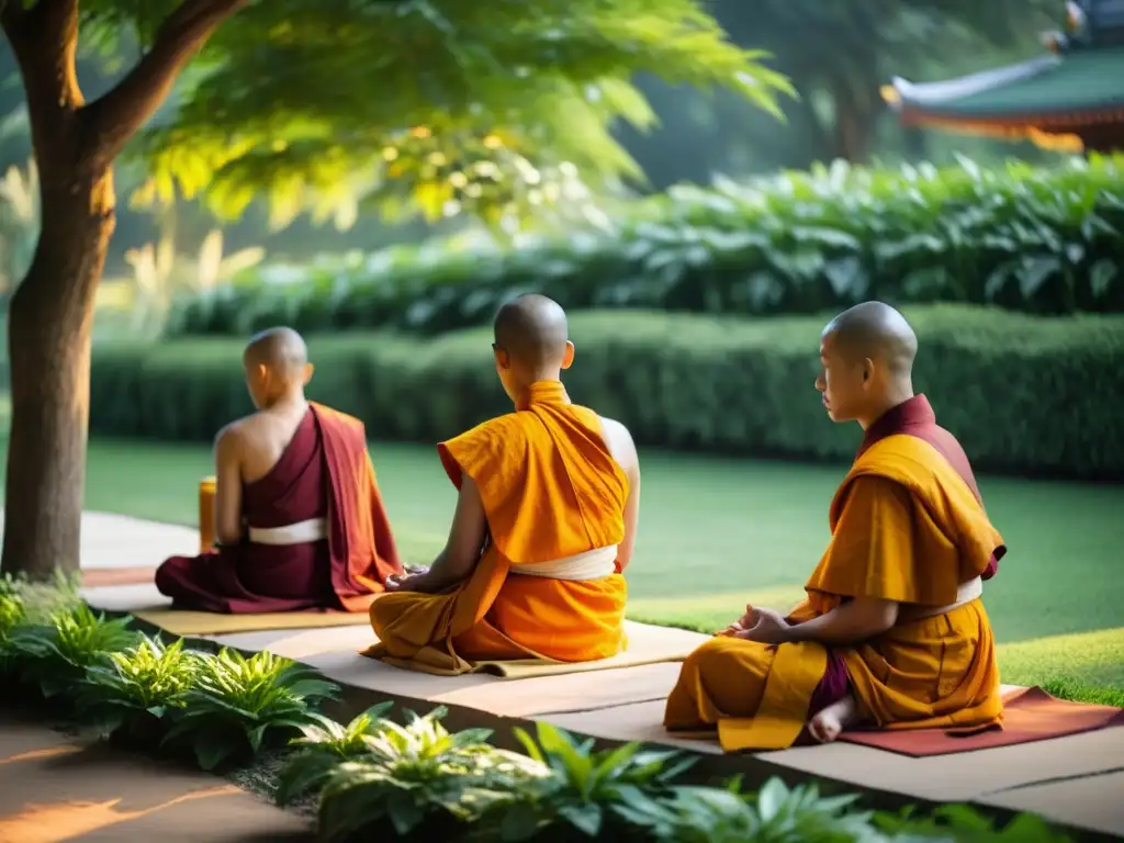 Un grupo de monjes budistas en meditación, vistiendo túnicas azafrán, en un jardín sereno
