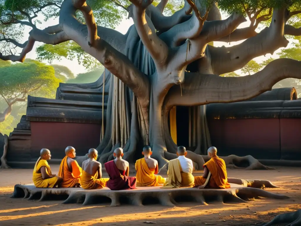 Un grupo de monjes y eruditos jainistas se reúnen bajo un antiguo árbol banyan, inmersos en manuscritos antiguos, en un ambiente de astrología y ritualismo en el Jainismo