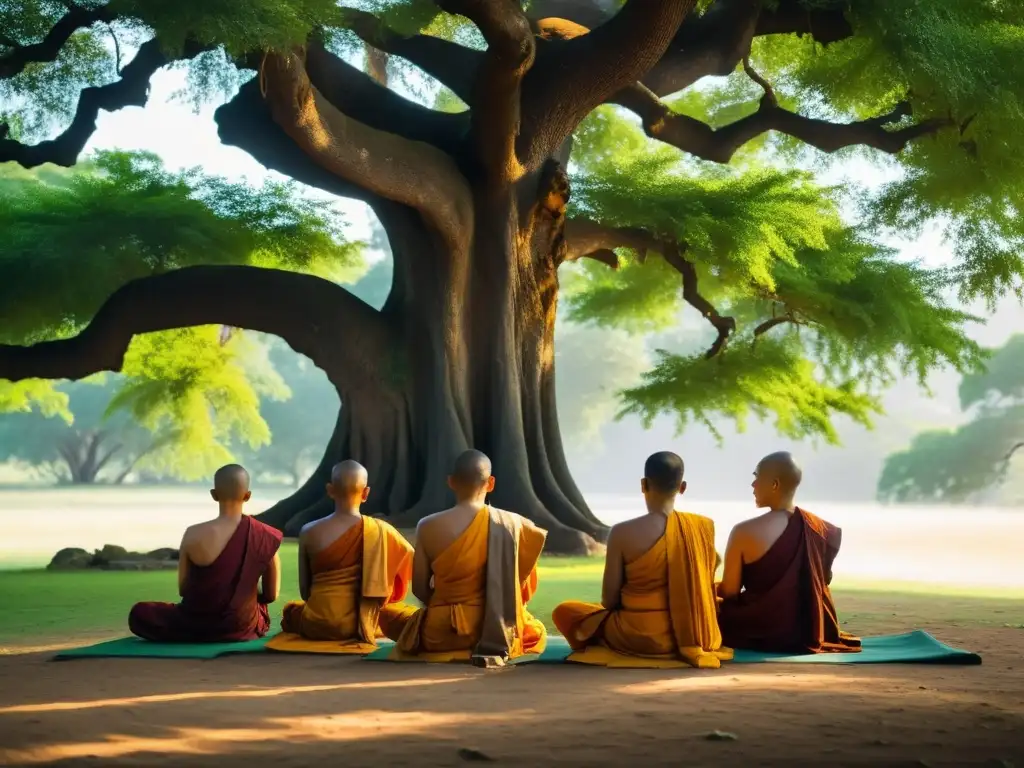 Grupo de monjes jainistas meditando bajo un árbol antiguo, sus túnicas azafrán destacan entre la exuberante vegetación
