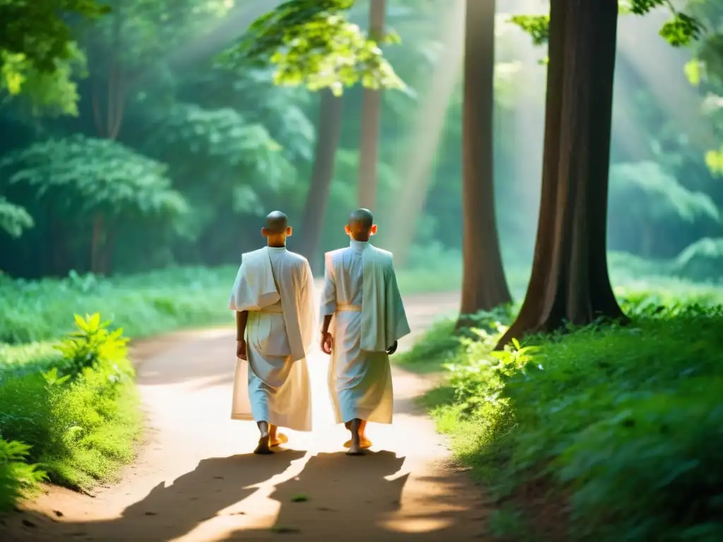 Un grupo de monjes jainistas en camino hacia moksha, meditando en un bosque tranquilo y soleado