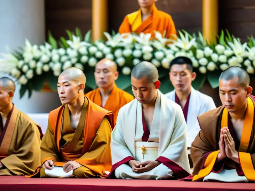 Un grupo de monjes jainistas en una ceremonia tradicional, transmitiendo la conexión espiritual con la filosofía del vegetarianismo jainista