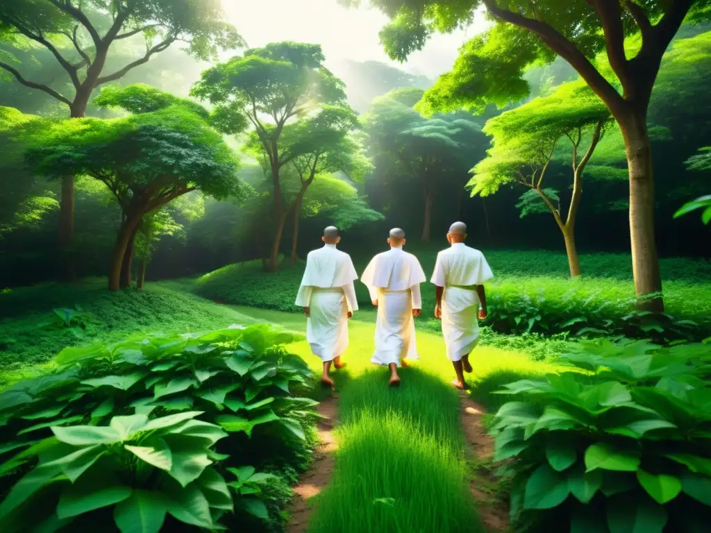 Un grupo de monjes jainistas camina descalzo en un bosque