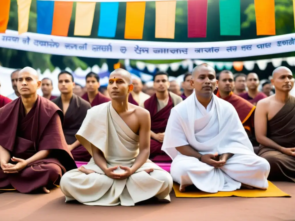 Un grupo de monjes jainistas en protesta pacífica rodeados de símbolos y observadores diversos, mostrando la ética social en el Jainismo