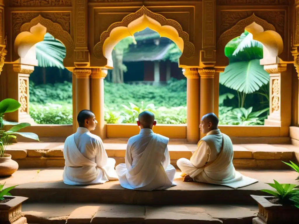 Un grupo de monjes jainistas medita en un templo de piedra con exquisitos detalles arquitectónicos