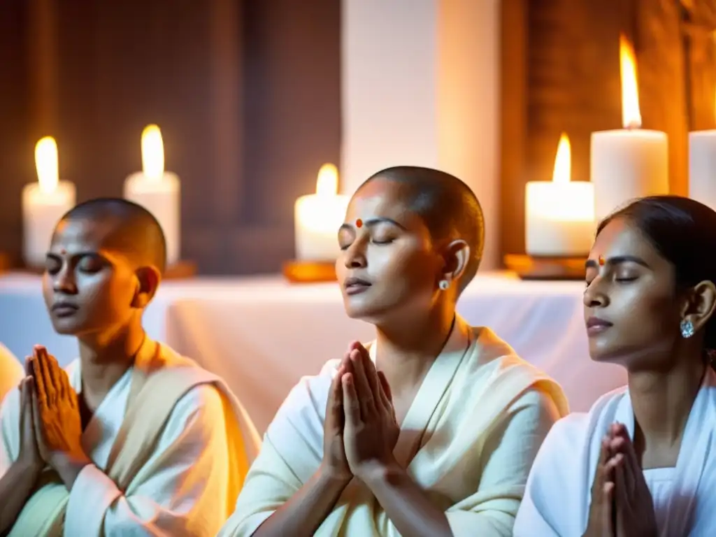 Grupo de monjes y monjas jainistas en devoto canto, destacando la importancia del canto en jainismo