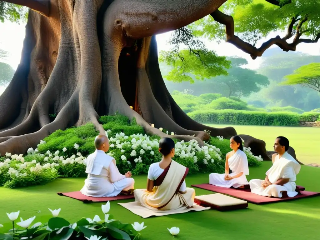 Un grupo de monjes y monjas jainistas meditan bajo un árbol antiguo, rodeados de exuberante vegetación y flores