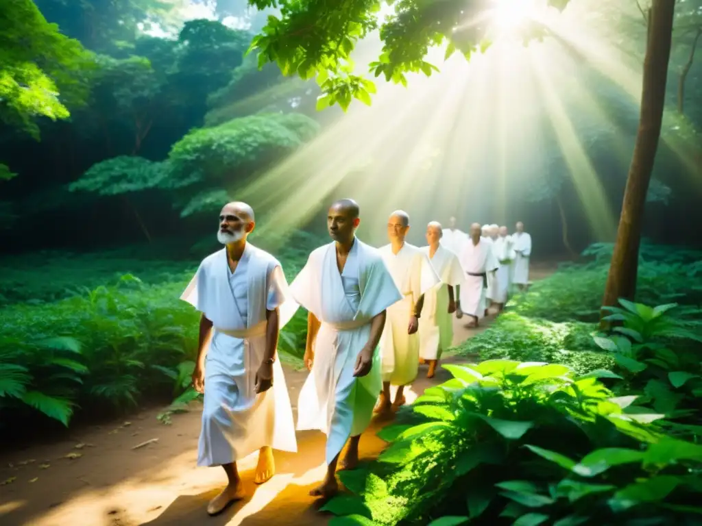 Grupo de monjes y monjas jainistas caminan descalzos por un frondoso bosque