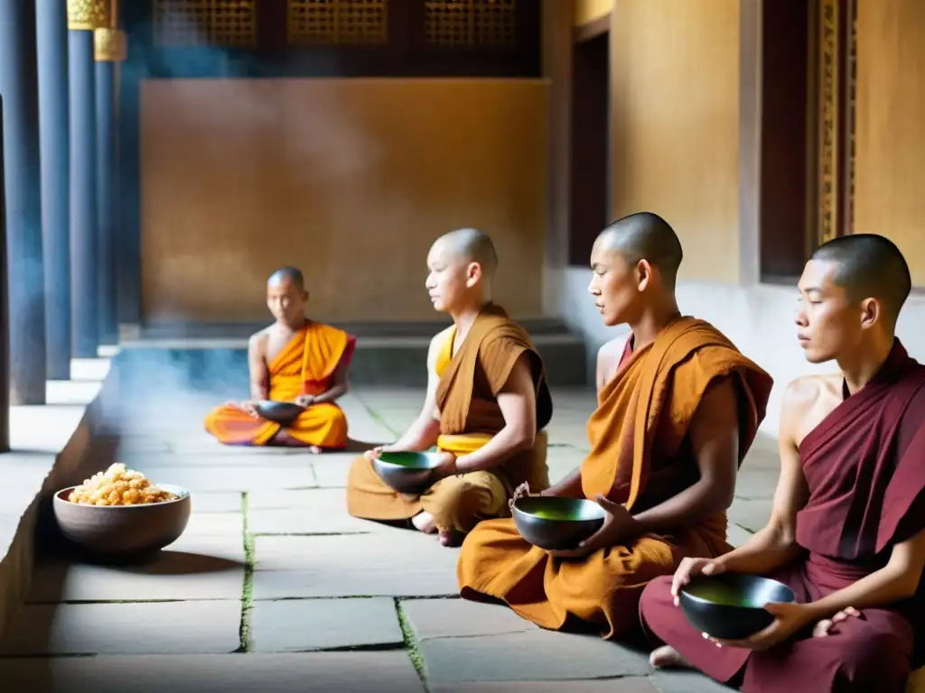 Grupo de monjes y practicantes budistas en un tranquilo patio del templo, disfrutando de una comida en silenciosa contemplación