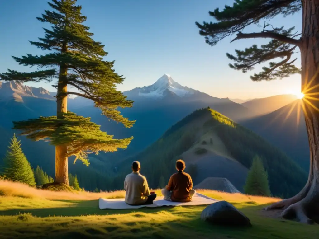 Grupo meditando en la montaña al amanecer, buscando resiliencia emocional en la naturaleza