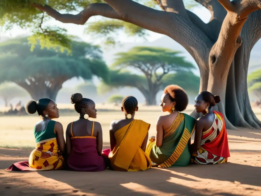 Un grupo de mujeres africanas se reúnen bajo un árbol, vistiendo trajes tradicionales, inmersas en una profunda conversación