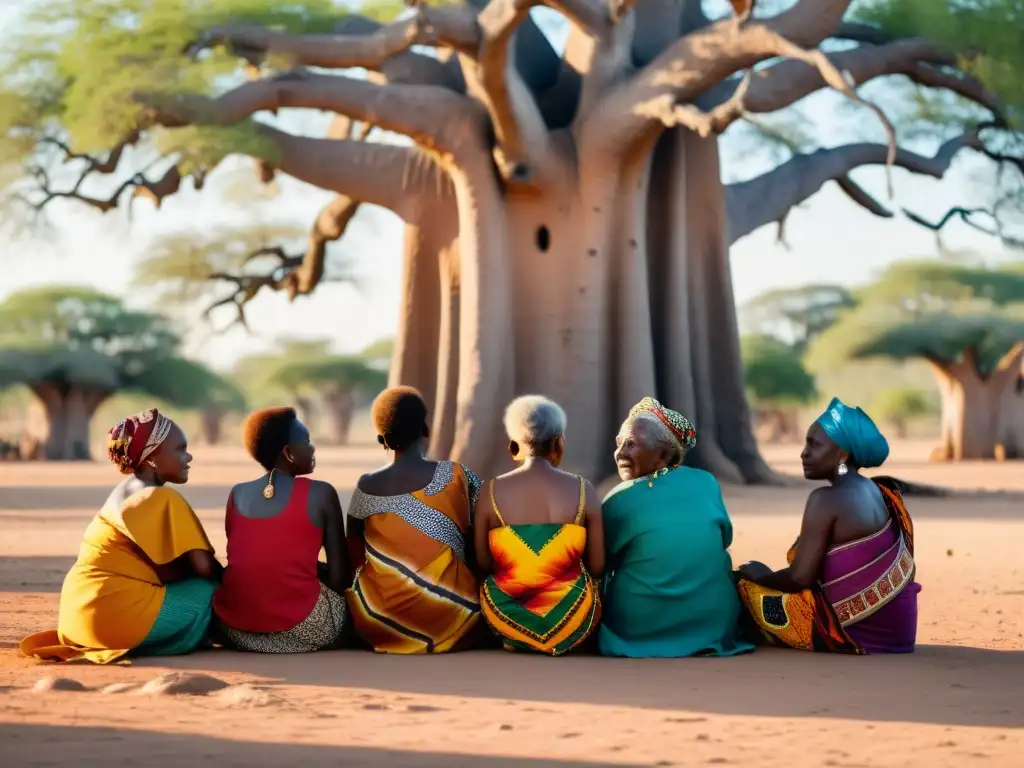 Grupo de mujeres africanas mayores bajo un baobab, compartiendo sabiduría en un entorno vibrante y sereno, reflejando el papel femenino en tradiciones filosóficas africanas
