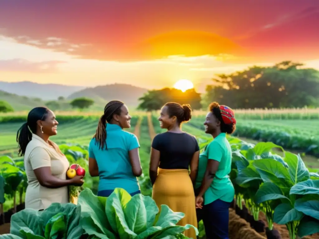 Un grupo de mujeres agricultoras y activistas diversas conversando y cuidando cultivos en un campo biodiverso, bajo un cálido amanecer