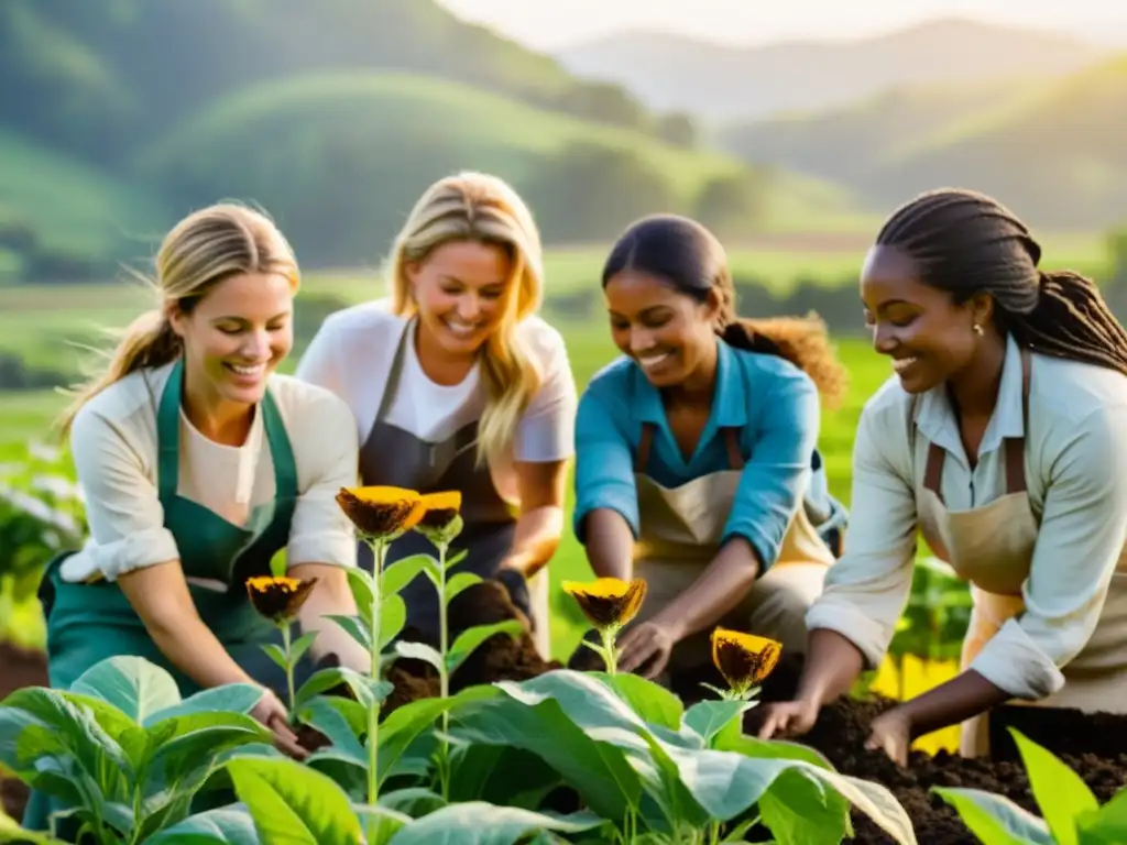 Un grupo de mujeres agricultoras trabajando en un campo exuberante y vibrante, en armonía con la naturaleza