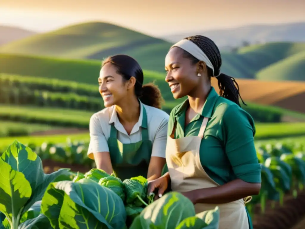 Un grupo de mujeres agricultoras diversas trabajando juntas en un campo soleado, compartiendo conocimientos sobre prácticas agrícolas sustentables