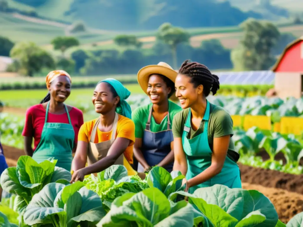 Un grupo de mujeres agricultoras diversas trabajando juntas en un campo exuberante bajo el sol, promoviendo el ecofeminismo en agricultura sustentable
