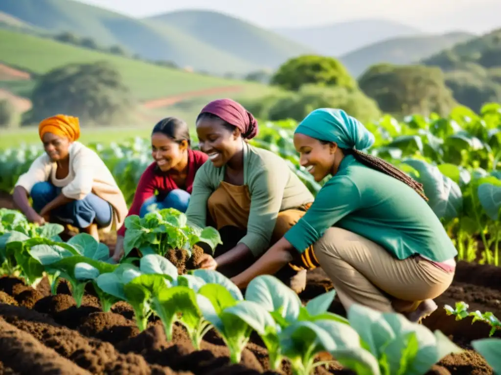Grupo de mujeres agricultoras diversas trabajando juntas en un campo exuberante, cultivando cosechas orgánicas vibrantes