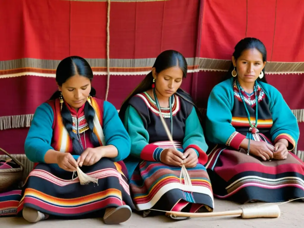 Un grupo de mujeres andinas tejiendo textiles con simbología arte textil andino, transmitiendo orgullo y tradición