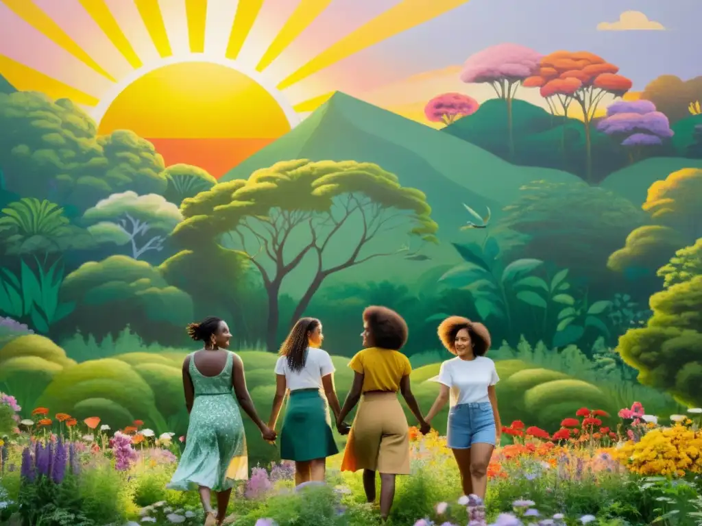 Un grupo de mujeres artistas diversas en un bosque exuberante, rodeadas de flores y vida silvestre