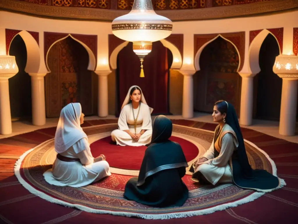 Grupo de mujeres en atuendo Sufi, en círculo sobre tapices, debatiendo con serenidad y empoderamiento sobre el papel de la mujer en el Sufismo