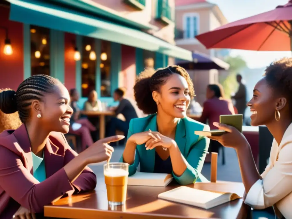 Grupo de mujeres debatiendo apasionadamente en un café al aire libre, simbolizando el impacto del feminismo filosófico en el pensamiento moderno