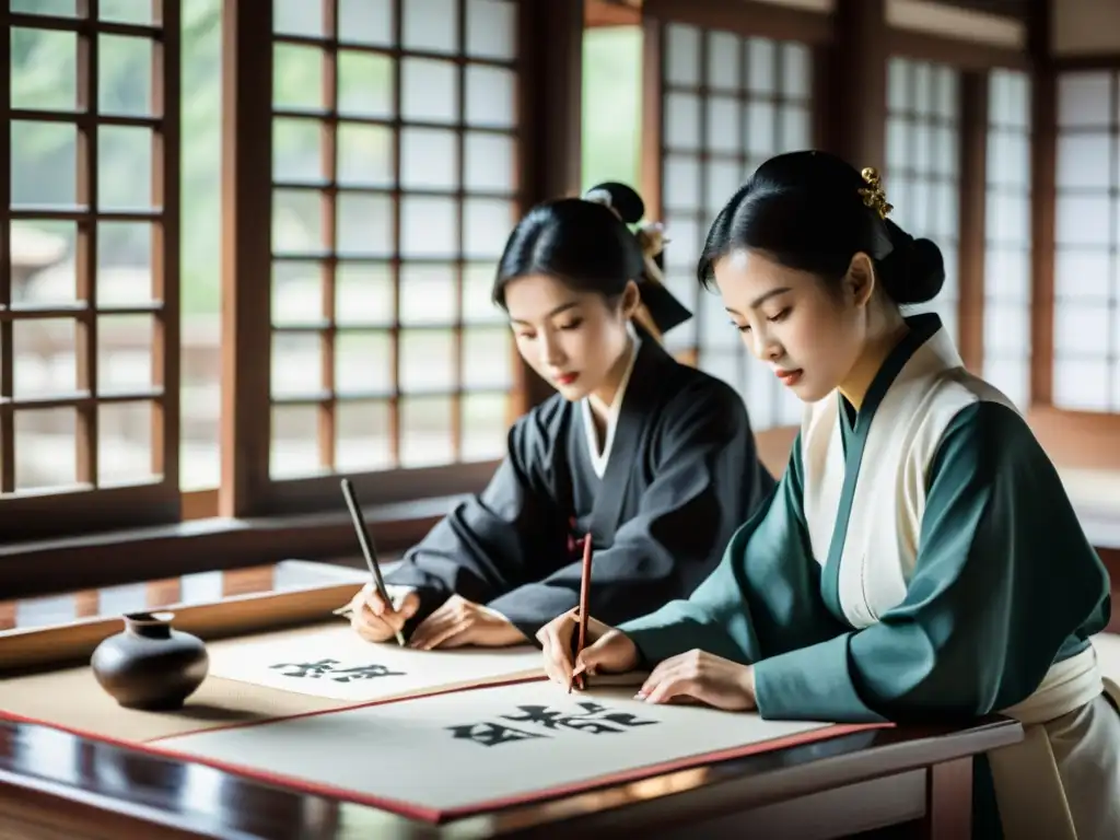 Un grupo de mujeres practica caligrafía en una academia confuciana, reflejando la dedicación y el arte en el contexto del Confucianismo