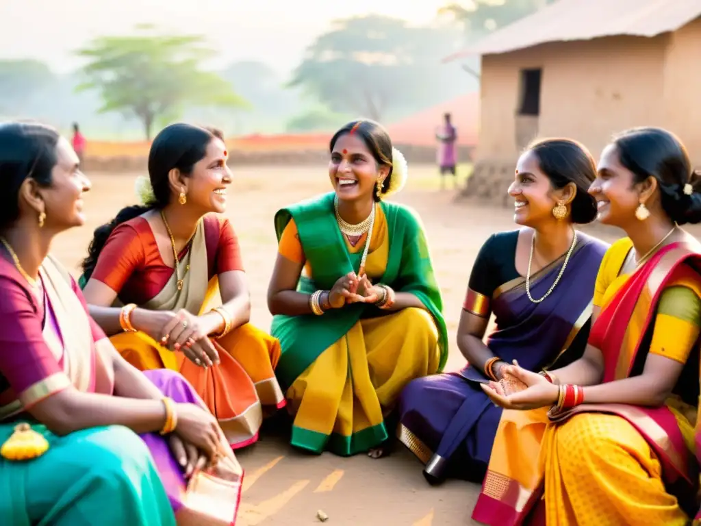 Grupo de mujeres en coloridos saris, discutiendo animadamente en una aldea rural de la India