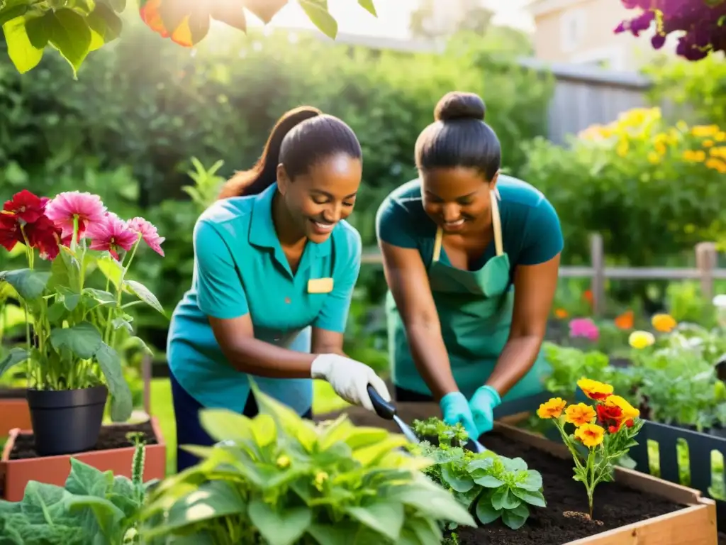 Un grupo de mujeres diversas cuida con amor un jardín comunitario, irradiando la ética del cuidado y el ecofeminismo