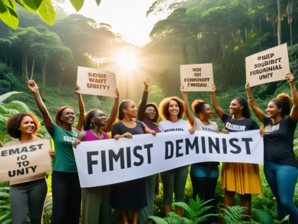 Un grupo de mujeres diversas en un bosque exuberante, unidas en círculo, expresando determinación y solidaridad
