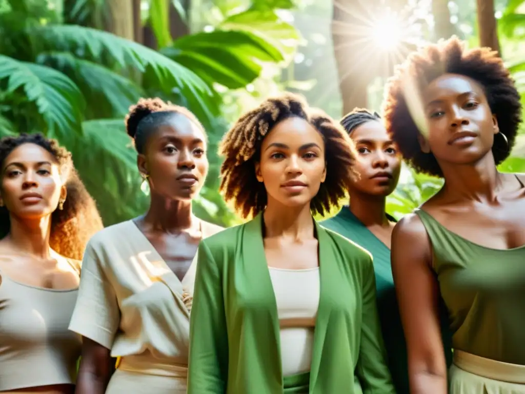 Un grupo de mujeres diversas se unen en un bosque verde, vistiendo prendas de fibras naturales y tomadas de la mano en un gesto de unidad y fuerza