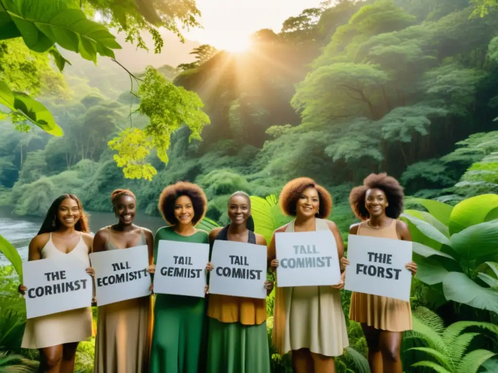 Grupo de mujeres diversas en el bosque con mensajes ecofeministas