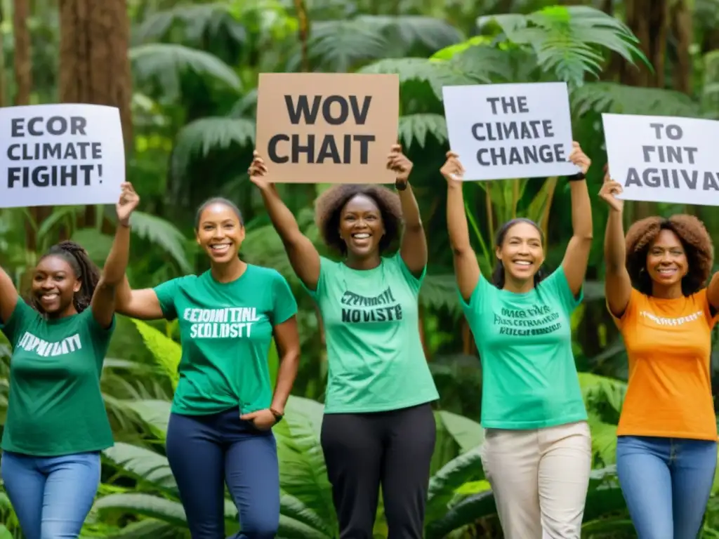 Un grupo de mujeres diversas con camisetas de activistas ambientales y carteles ecofeministas, frente a un frondoso bosque biodiverso