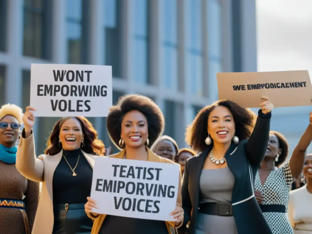 Un grupo de mujeres diversas sostiene carteles con mensajes empoderadores frente a un edificio de medios de comunicación