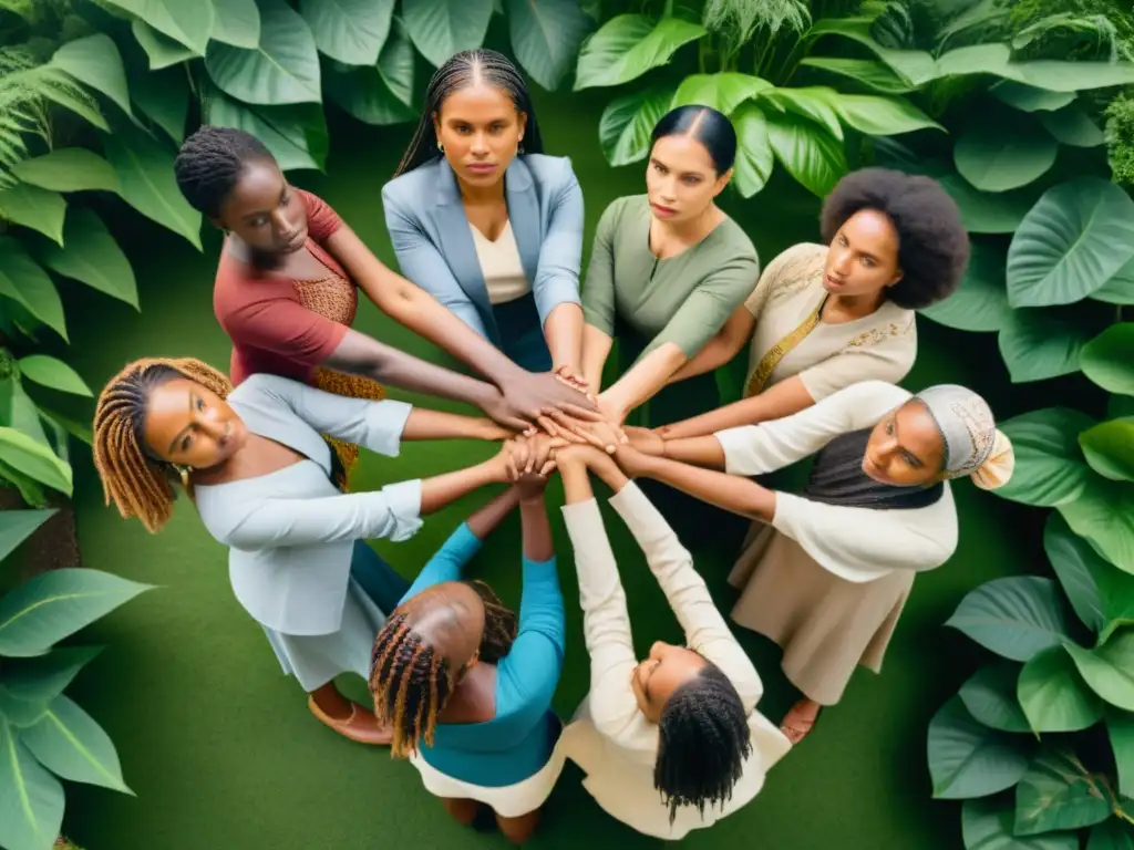 Grupo de mujeres diversas unidas en círculo, rodeadas de vegetación exuberante, mostrando determinación