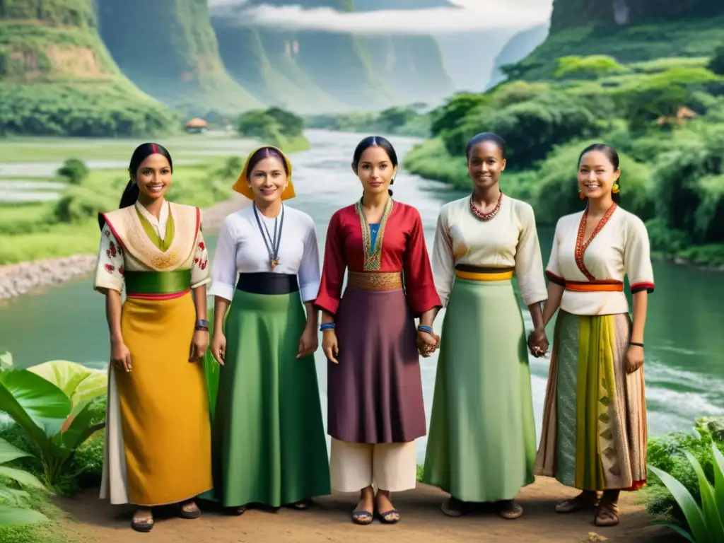 Grupo de mujeres diversas unidas en círculo, vistiendo trajes tradicionales y rodeadas de naturaleza exuberante