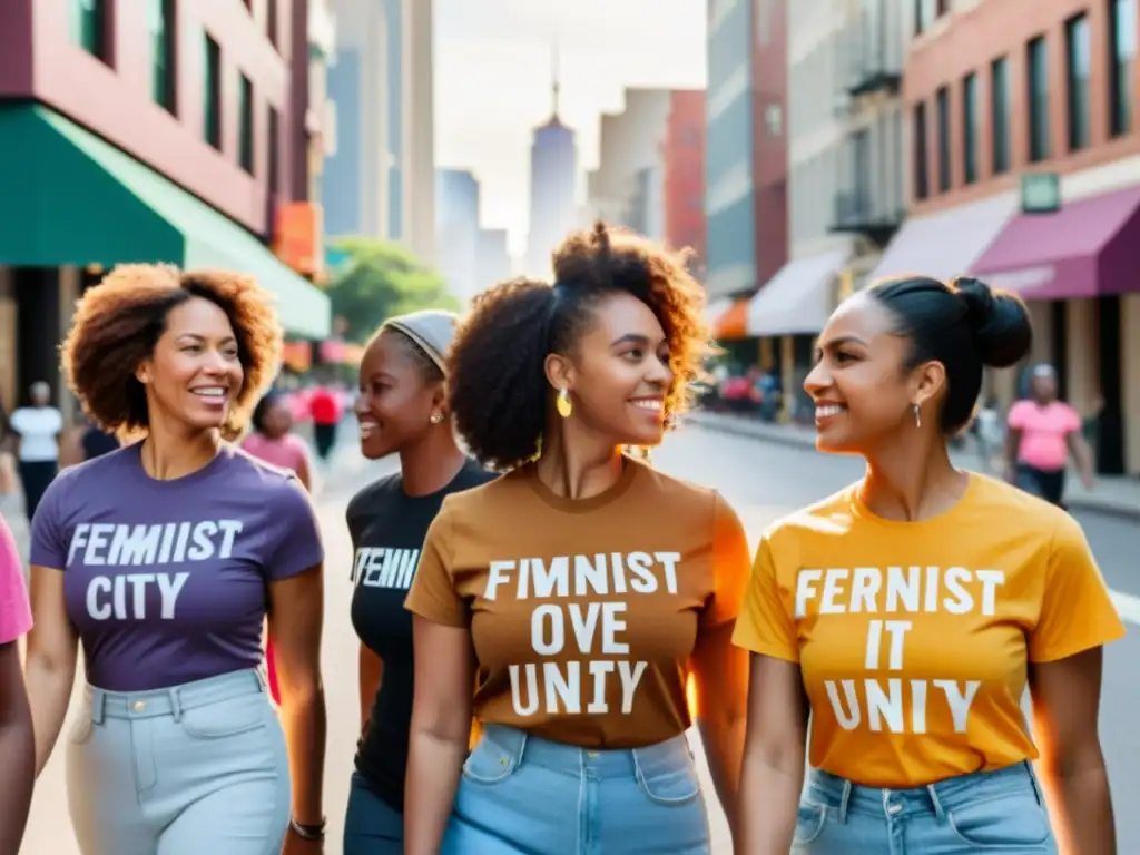 Un grupo de mujeres diversas camina con determinación por la ciudad, luciendo camisetas con mensajes feministas