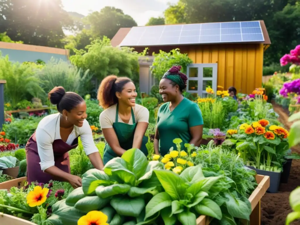 Un grupo de mujeres diversas trabajando en un exuberante jardín comunitario, rodeadas de flores y vegetales orgánicos