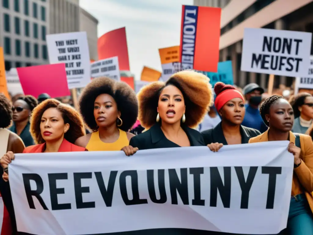 Un grupo de mujeres diversas marcha juntas en una protesta, llevando pancartas con mensajes revolucionarios