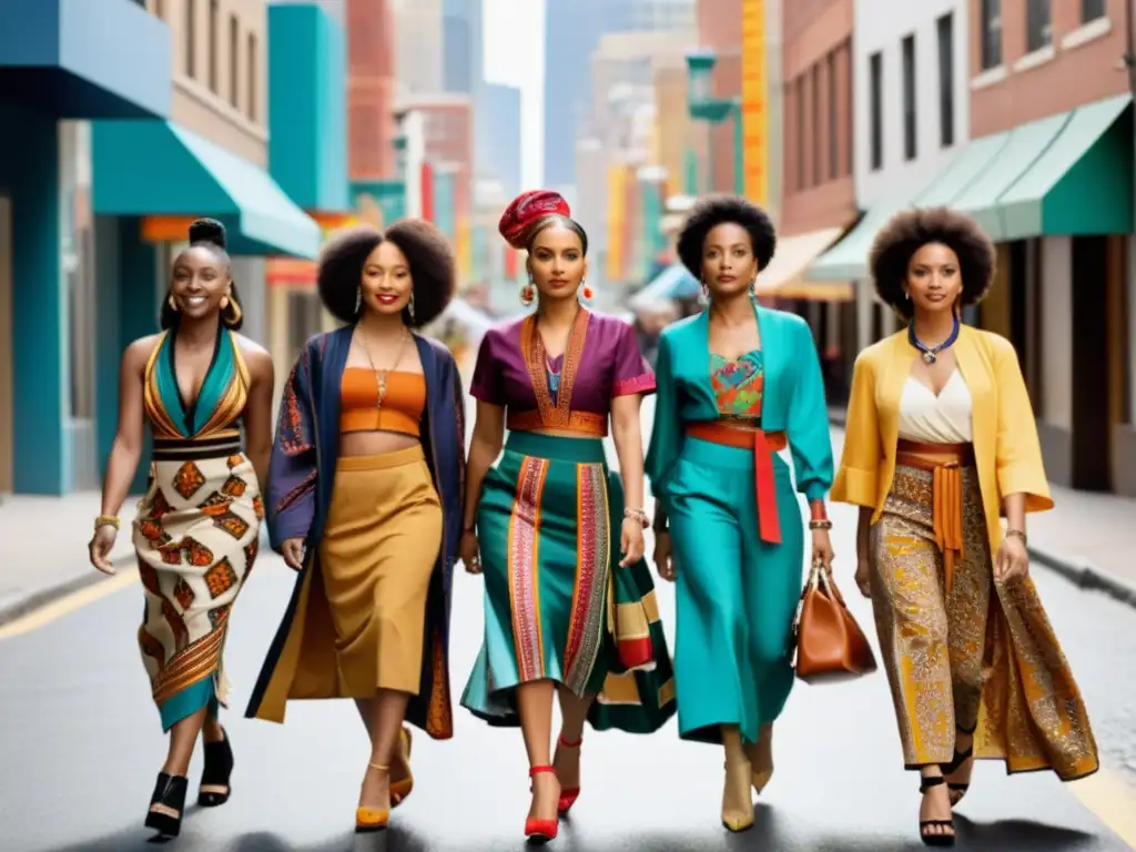 Un grupo de mujeres diversas camina con orgullo por la ciudad, vistiendo atuendos tradicionales y contemporáneos que reflejan su herencia cultural