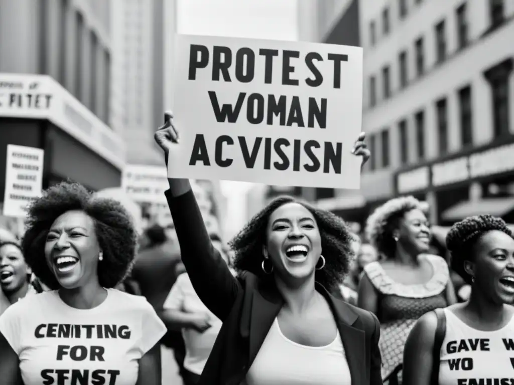 Grupo de mujeres diversas sostienen pancartas feministas en la ciudad