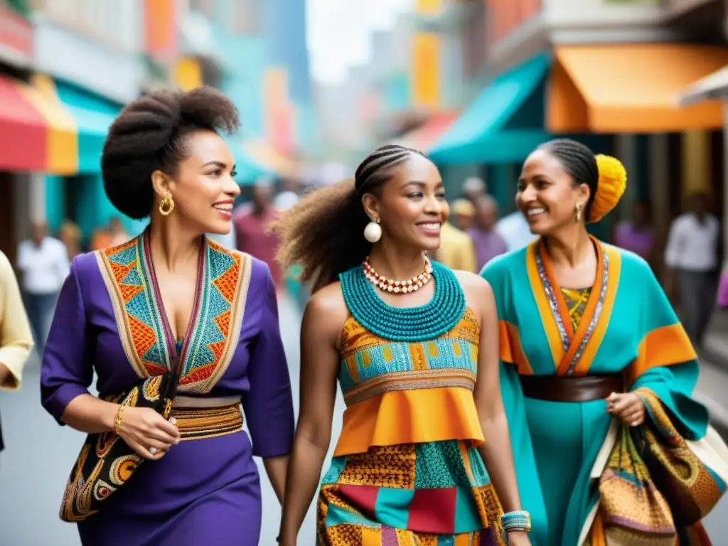 Un grupo de mujeres diversas viste prendas hechas a mano con patrones e colores vibrantes, caminando seguras por la ciudad