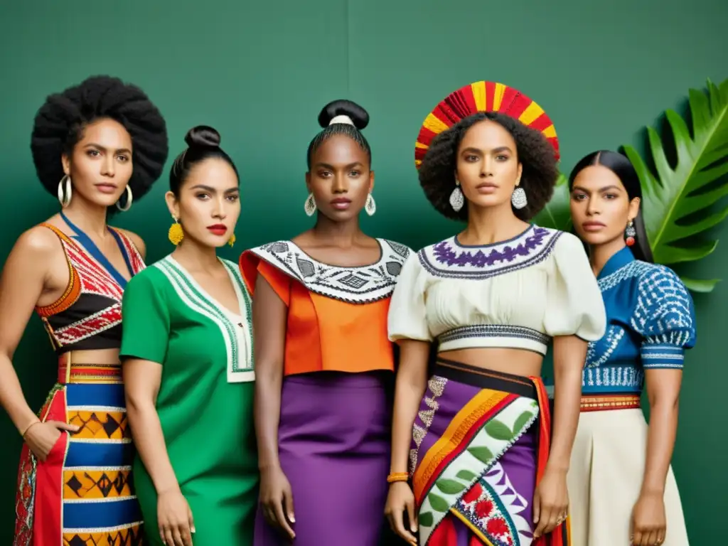 Un grupo de mujeres diversas viste prendas vibrantes con bordados e patrones audaces, representando la fusión de textiles indígenas y moda moderna