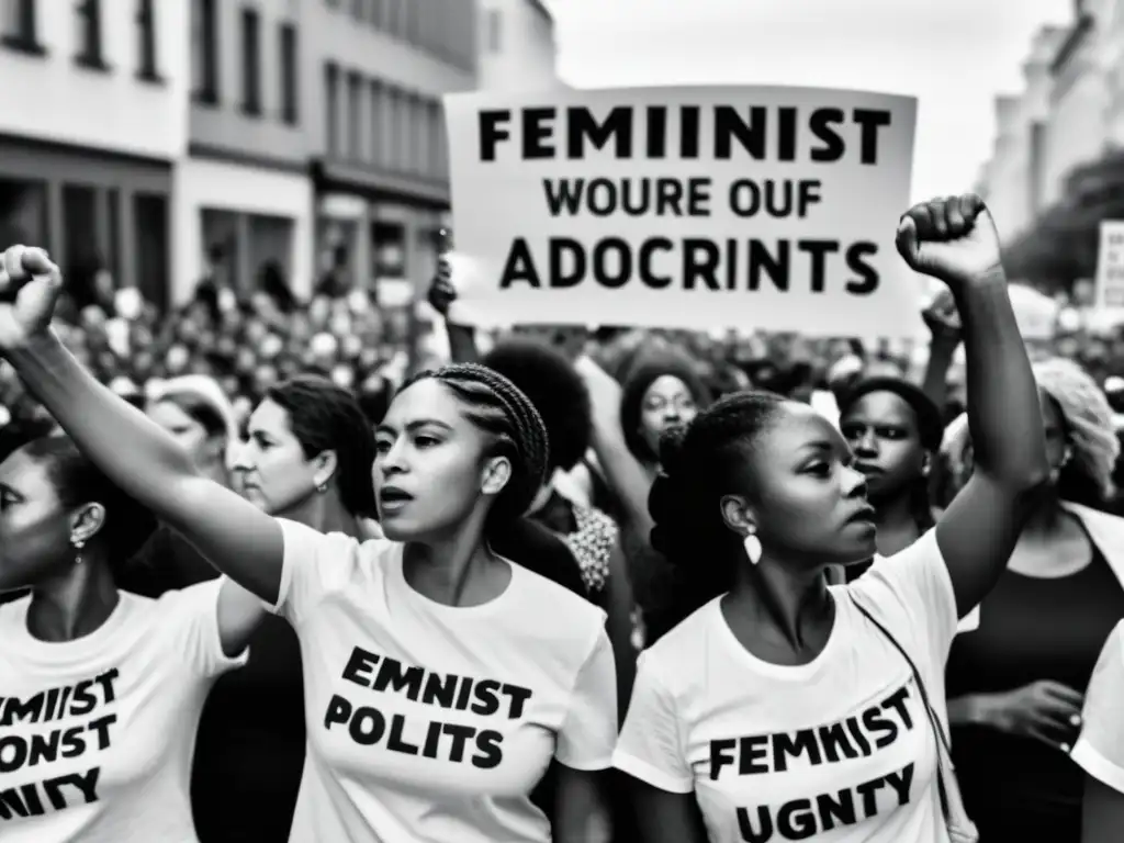 Grupo de mujeres diversas con puños en alto, en marcha feminista por la política del cuerpo en feminismo