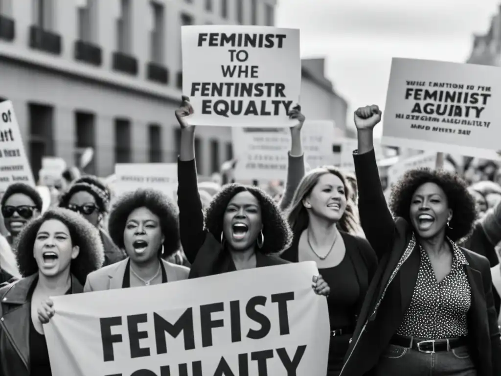 Grupo de mujeres diversas con puños en alto en marcha feminista, destacando la política del cuerpo en feminismo