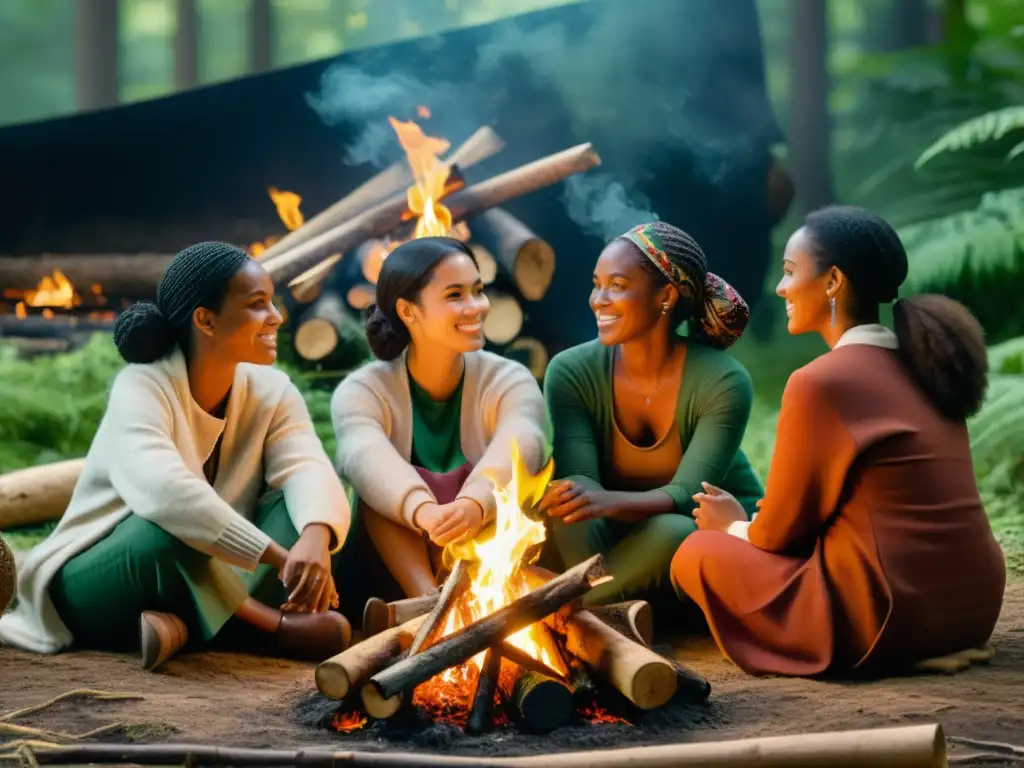 Un grupo de mujeres diversas reunidas alrededor de una fogata en un bosque, reflexionando y conversando