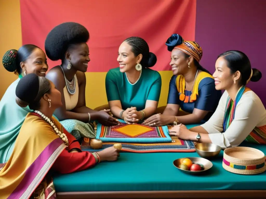 Grupo de mujeres diversas con ropa tradicional, colaborando en un ambiente de respeto y propósito compartido
