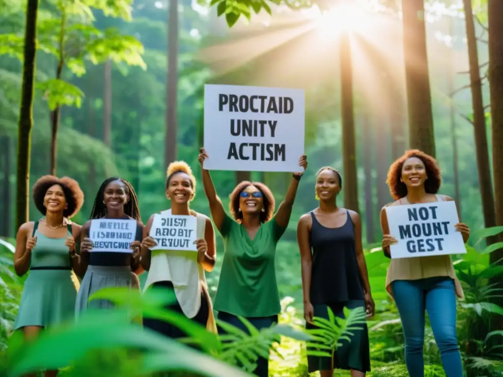 Un grupo de mujeres diversas en ropa ecológica, sosteniendo carteles de protesta en un claro del bosque