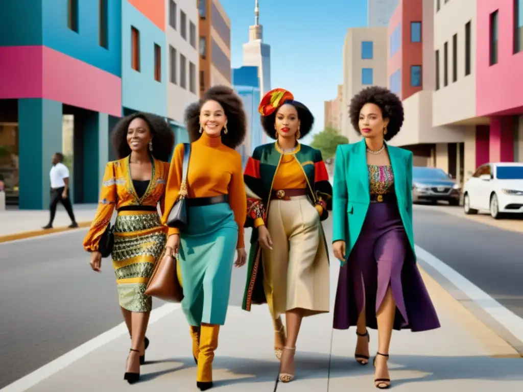 Un grupo de mujeres diversas, seguras y empoderadas, vistiendo atuendos que fusionan influencias culturales, caminan por una calle urbana