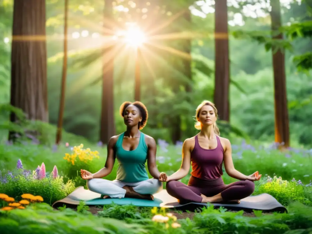 Grupo de mujeres diversas practicando yoga en el bosque, rodeadas de naturaleza exuberante y flores silvestres